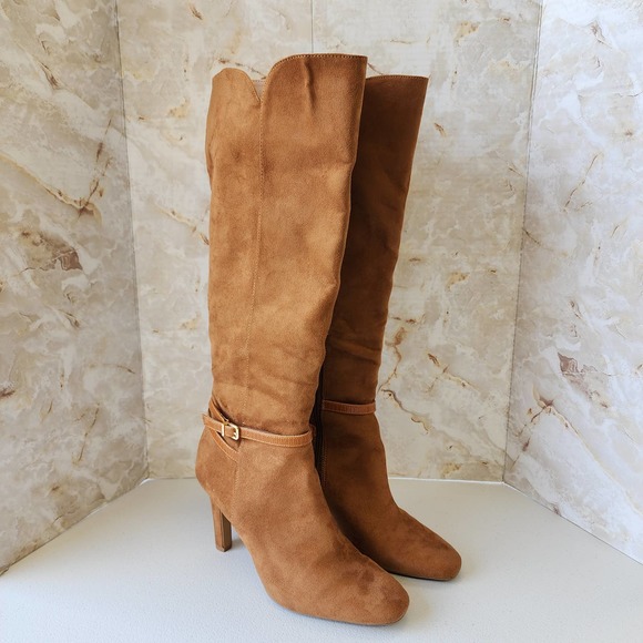 Express Tan Faux Leather Suede Boots Buckle Long High Heel Size 9 - Picture 1 of 7